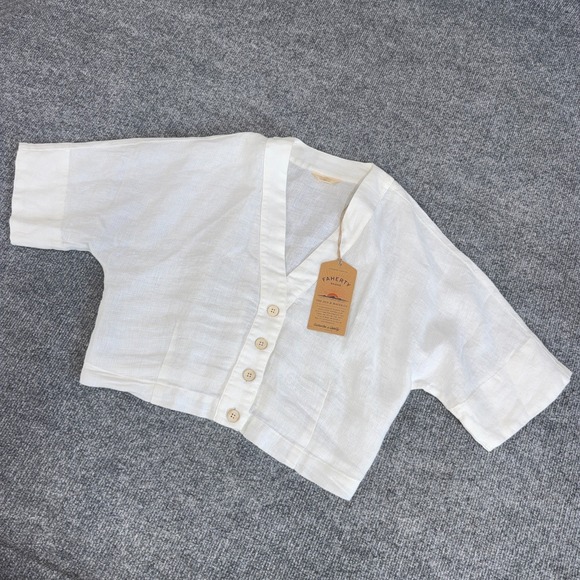 Faherty Tops - Faherty Top Women Medium Bright White Palma Linen Avery Shirt Cropped Button NEW